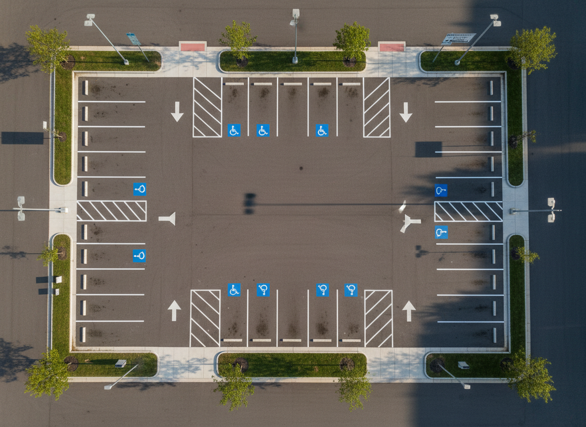 An overhead, bird’s-eye view of a well-marked municipal parking lot, with freshly painted white and blue lines, clearly visible handicap spaces, directional arrows, and signage posts, but no vehicles or people present. The asphalt is smooth, dark, and slightly textured, bordered by neat curbs, trimmed grass strips, and a few small trees in concrete planters. Late afternoon sunlight casts long, orderly shadows from the signs and light poles, enhancing the geometric patterns of the layout. Photographic realism with high sharpness emphasizes the clarity of markings and organization. The composition is symmetrical and centered, creating a sense of structure and reliability, perfect to illustrate official parking information and regulations on a local government site.